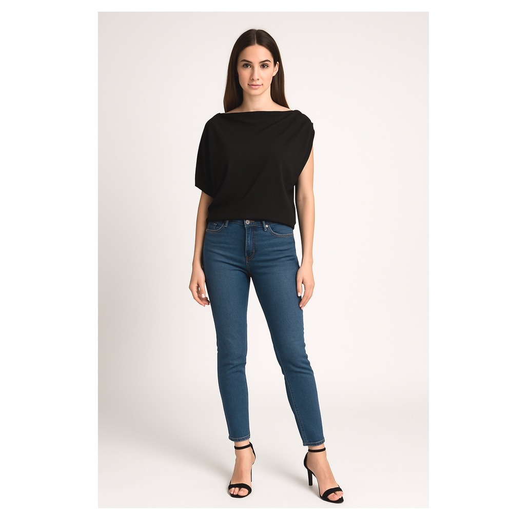 Zara Black Dolman Top Asymmetrical Drape Neck Short Sleeve L Boho Chic 91-44